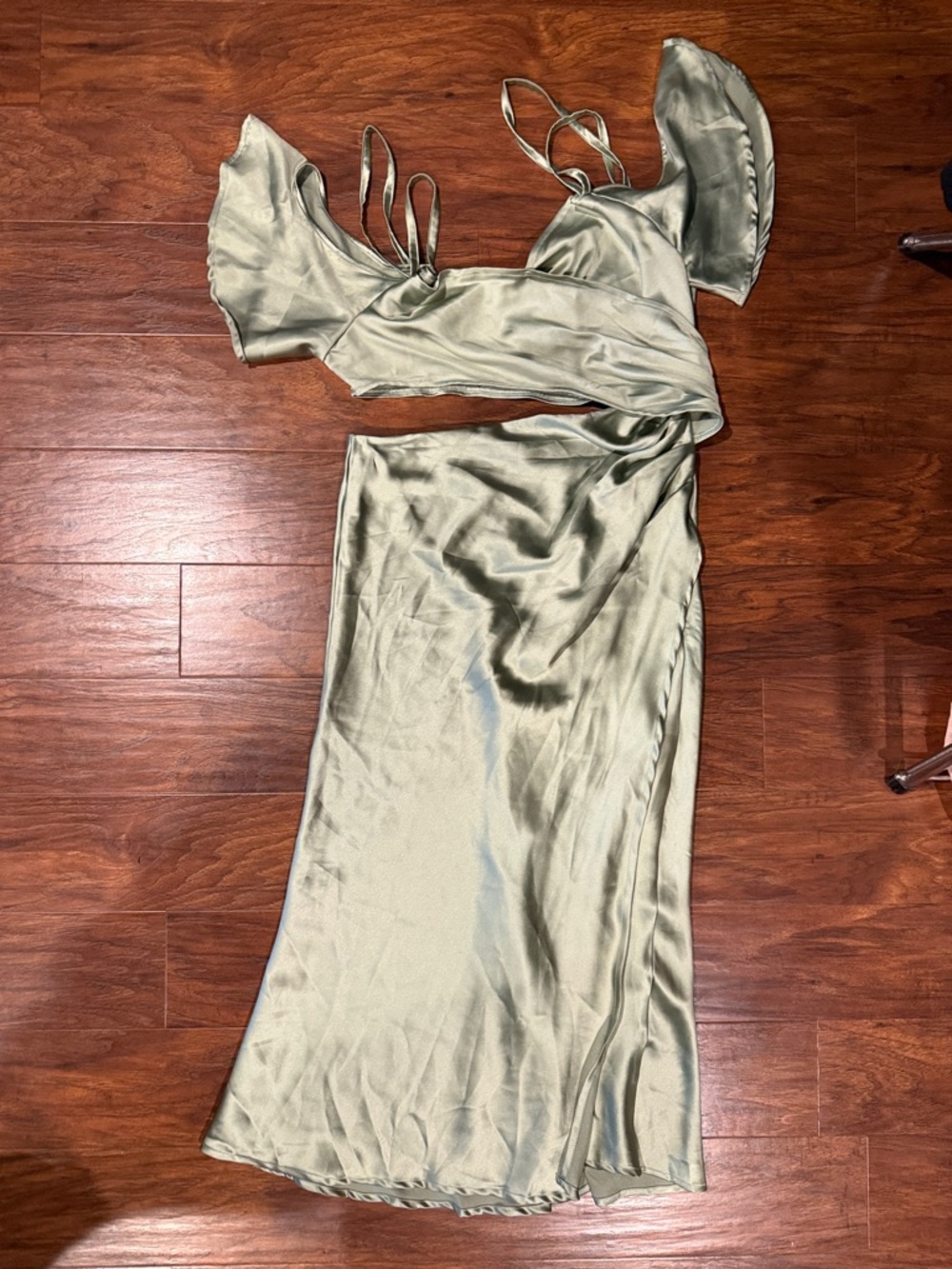 Satin Olive Green Two-Piece Dress Set